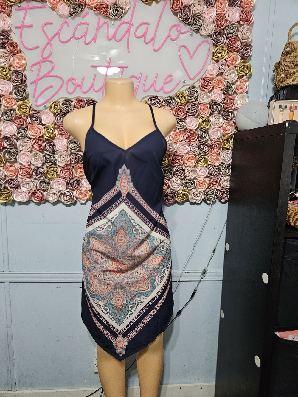 New York & Company Navy Paisley Handkerchief Hem Slip Dress